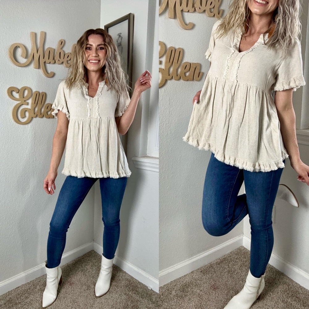 Umgee Cream boho chic Ruffle Hem linen Top size Small